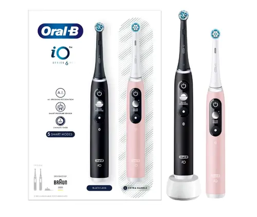 Periute de dinti electrice Oral-B iO6, 5 moduri periaj, Timer, Senzor presiune Smart (Negru/Roz)