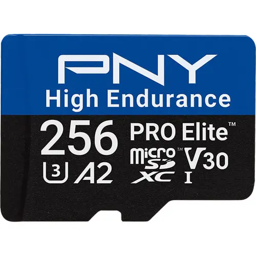 Card de memorie PNY Pro Elite High Endurance, 256GB, MicroSDXC, UHS-I U3, A2, V30 + Adaptor SD