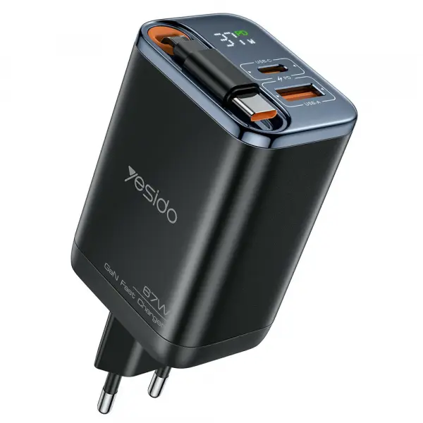 Incarcator Retea cu Cablu USB-C Yesido YC100 Display, 67W, 3.35A, 1 x USB-A - 1 x USB-C, Negru