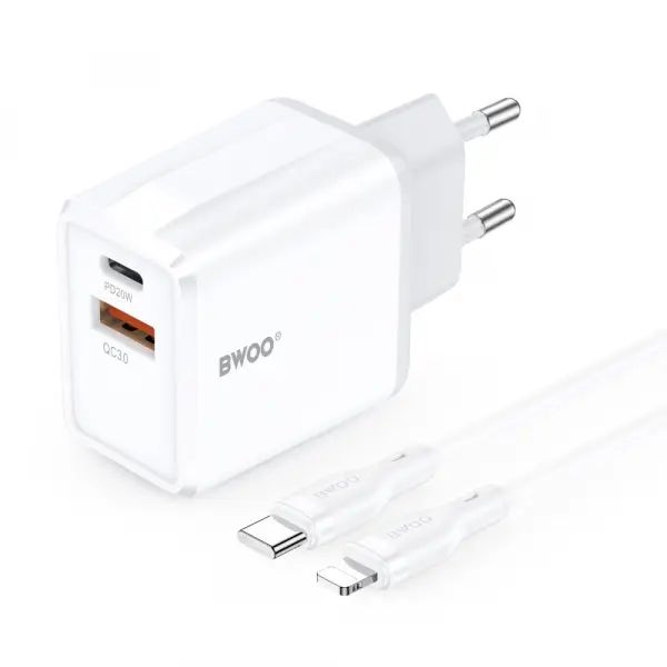Incarcator Retea Cu Cablu Lightning BWOO CDA182, 38W, 3A, 1 x USB-A - 1 x USB-C, Alb