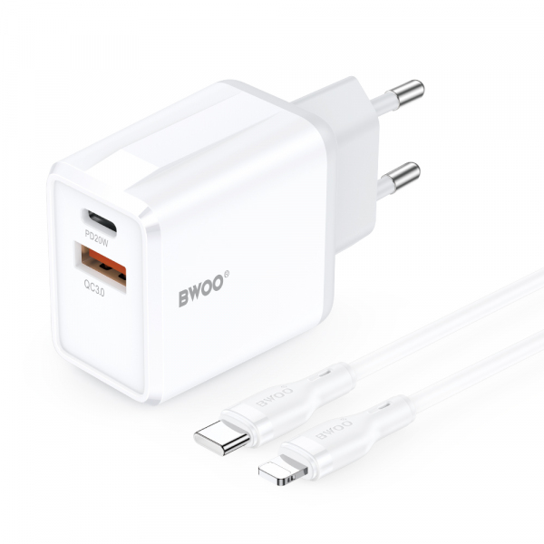 Incarcator Retea Cu Cablu Lightning BWOO CDA182, 38W, 3A, 1 x USB-A - 1 x USB-C, Alb
