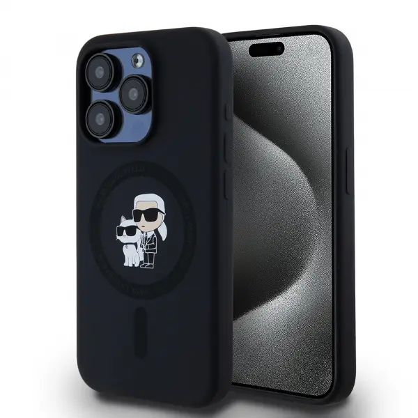 Husa MagSafe pentru Apple iPhone 15 Pro, Karl Lagerfeld, Silicone Karl & Choupette, Neagra