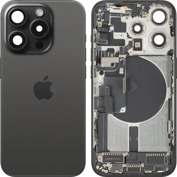 Capac Baterie Apple iPhone 15 Pro, Cu Carcasa Mijloc, Full Parts, Negru (Black Titanium), Swap