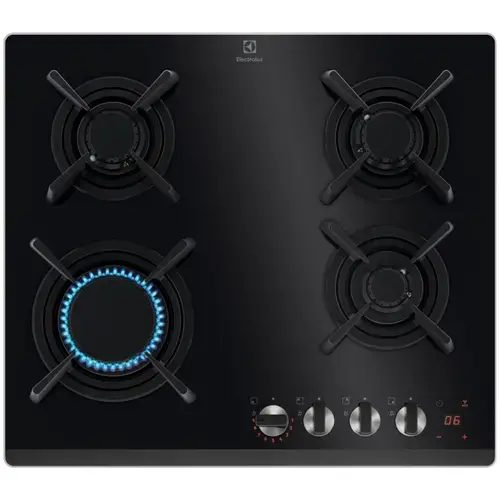 Plita incorporabila Electrolux KGG643753K, Gaz, 4 arzatoare, Aprindere electrica, Gratare fonta, Timer electronic, Conectivitate hota, 60 cm (Negru)