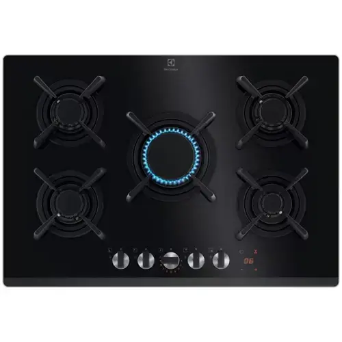 Plita incorporabila Electrolux KGG753753K, Gaz, 5 arzatoare, Aprindere electrica, Gratare fonta, Timer electronic, Conectivitate hota, 75 cm (Negru)