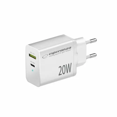 Incarcator de retea Esperanza EZC105W, Usb-C PD 20W, Usb-A QC 3.0, Alb