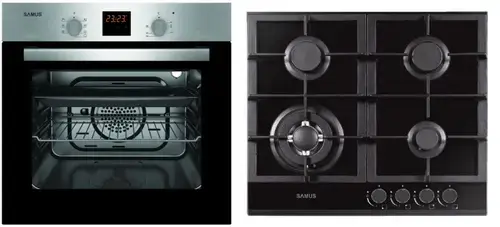 Pachet Samus ONL21 Cuptor incorporabil Samus SC617EXV, Electric, 58 L, 7 functii + Plita incorporabila Samus PSG-64SG1, Gaz, 4 arzatoare, Arzator WOK, Aprindere electrica (Negru)