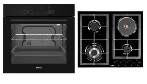 Pachet Samus ONL51 Cuptor incorporabil Samus SC620G4B, 62 l, 2200 W, Grill, 4 functii, Iluminare interioara (Negru) + Plita Incorporabila Mixta Samus PSGE-63SB1, 3 arzatoare pe gaz + 1 arzator electric (Negru)