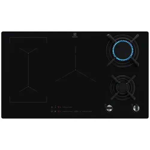 Plita incorporabila Electrolux KDI951723K, Mixta, 2 arzatoare gaz / 3 zone inductie, Aprindere electrica, Gratare Fonta, Timer Electronic, 90 cm (Negru)