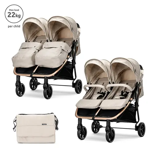Carucior pentru gemeni Lorelli Duo, pana la 22 kg per copil, cadru din aluminiu, spatar reglabil pozitii multiple, geanta  inclusa, Bej