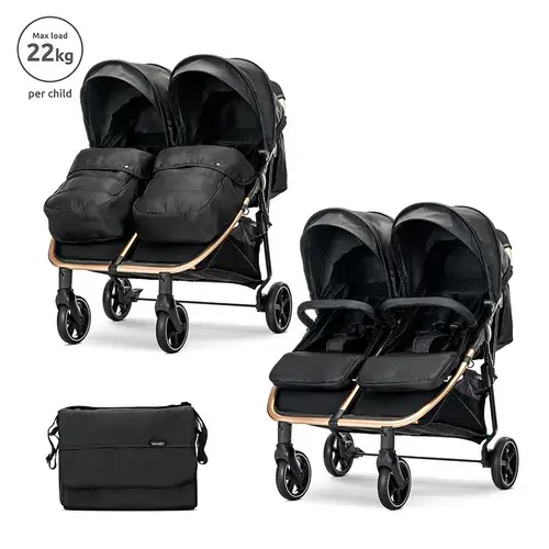 Carucior pentru gemeni Lorelli Duo, pana la 22 kg per copil, cadru din aluminiu, spatar reglabil pozitii multiple, geanta inclusa, Negru