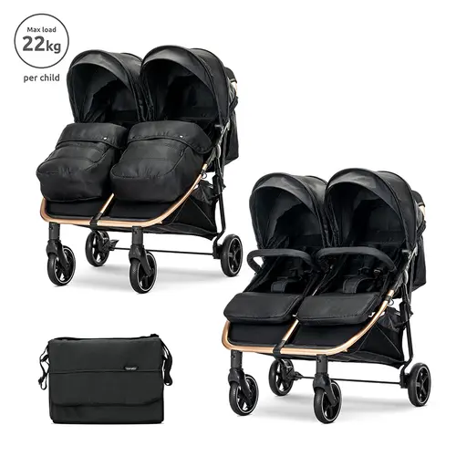 Carucior pentru gemeni Lorelli Duo, pana la 22 kg per copil, cadru din aluminiu, spatar reglabil pozitii multiple, geanta inclusa, Negru