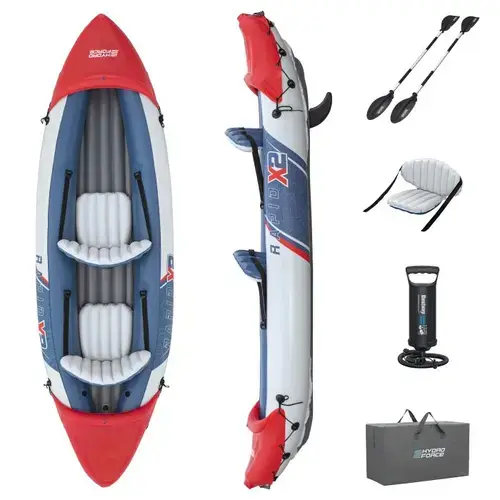 Barca gonflabila Bestway Rapid X2 K, greutate maxim suportata 220kg, 321 x 100 x 44 cm, 1 pereche de vasle de aluminiu de 230cm, kit de reparatii, pompa manuala inclusa