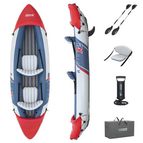 Barca gonflabila Bestway Rapid X2 K, greutate maxim suportata 220kg, 321 x 100 x 44 cm, 1 pereche de vasle de aluminiu de 230cm, kit de reparatii, pompa manuala inclusa