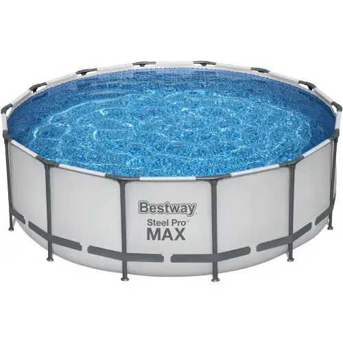 Piscina rotunda cu pompa cu filtru, prelata protectie si scara acces incluse Bestway Steel Pro Max, diametru 427 cm, inaltime 122 cm, volum 15232 litri, debit pompa 3028 l/h, gri deschis