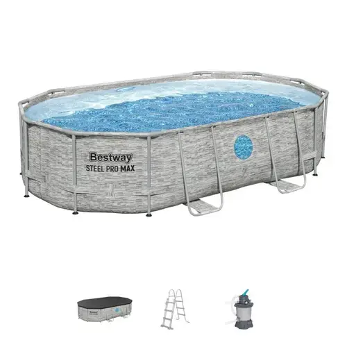 Piscina ovala Bestway Steel Pro MAX Splashview Frame, sistem de filtrare cu nisip, scara si prelata, cadru metalic, 488 x 305 x 107 cm, 10.949 l