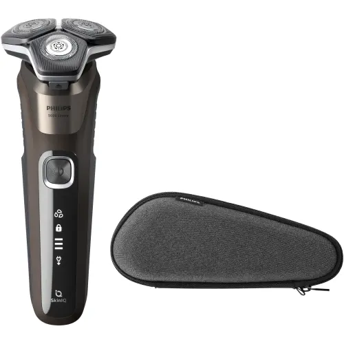 Aparat de barbierit Philips Shaver Seria 5000 S5886/30, barbierit umed si uscat, tehnologie SkinIQ, fara fir, capete flexibile 360°, display LED, senzor Power Adapt, lame auto-ascutire, lama de tuns integrata, 60 min, toc transport (Maro)