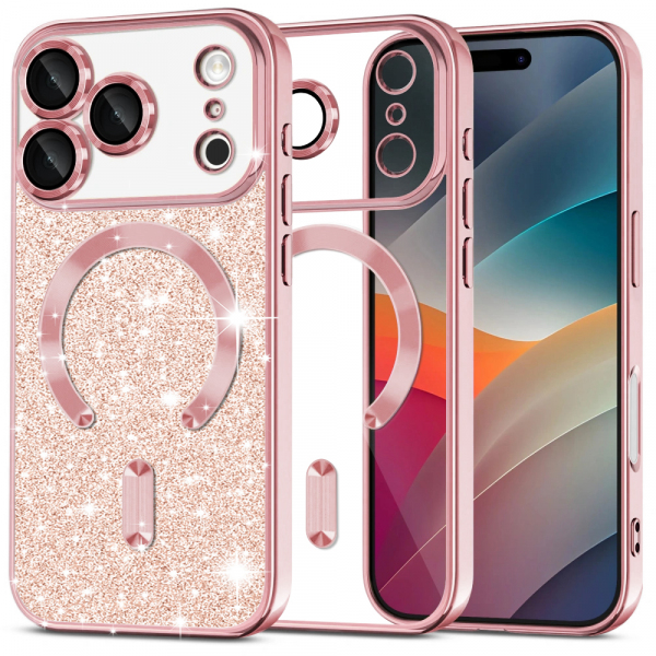 Husa MagSafe pentru Apple iPhone 17 Pro, Techsuit, Luxury Glitter, Roz Aurie