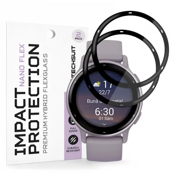 Folie Protectie Techsuit Nano Flex pentru Garmin Vivoactive 5, Set 2 bucati, Plastic, Neagra