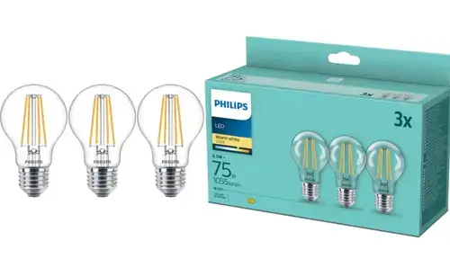 Pachet 3 becuri LED filament Philips, A60, E27, 8.5W (75W), 1055 lm, lumina alba calda (2700K)