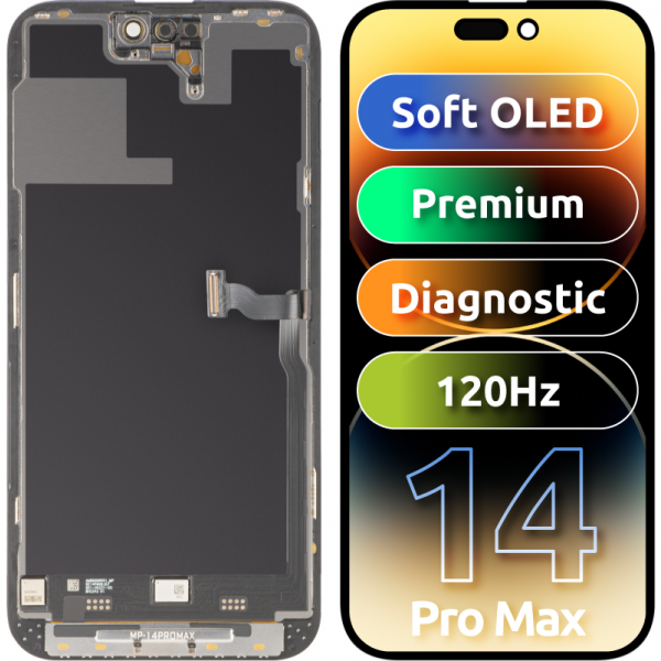 Display cu Touchscreen MP compatibil cu Apple iPhone 14 Pro Max, cu Rama, Versiune Premium Soft OLED FHD 120Hz Diagnostic, Negru