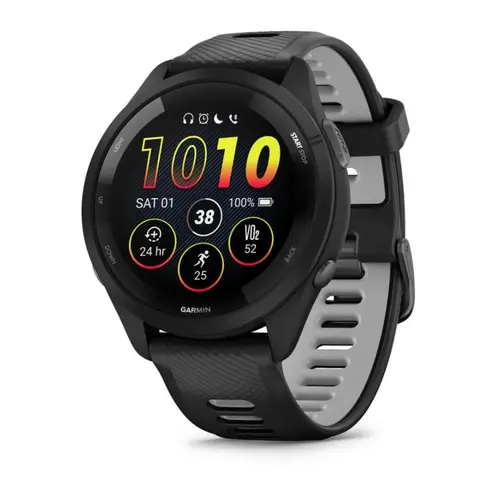 Smartwatch Garmin Forerunner 265, GPS, 46mm, Ecran AMOLED 1.3inch, Bluetooth, Wi-Fi, ANT+, Autonomie 13 zile, Monitorizare avansata activitati, 5 ATM (Negru/Gri)