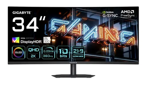 Monitor Gaming QD-OLED GIGABYTE 34inch MO34WQC36, WQHD (3440 x 1440), HDMI, DisplayPort, Ecran curbat, Boxe, 360 Hz, 0.03 ms (Negru)