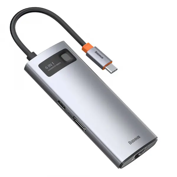 Hub USB-C Baseus Metal Gleam, USB-A 3.0 - USB-C - HDMI - RJ45, Gri CAHUB-CW0G