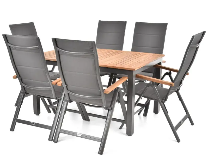 Set mobilier pentru gradina HECHT Montana, aluminiu/lemn, masa 140/180 x 90 x 77.5 cm, 6 x scaune 69 x 59 x 111.5 cm