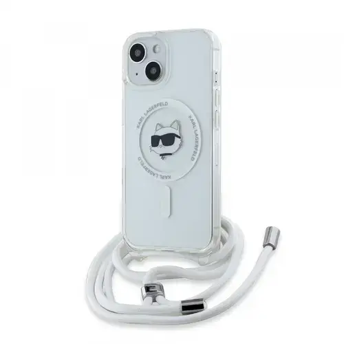 Husa MagSafe pentru Apple iPhone 15, Karl Lagerfeld, IML Crossbody Choupette's Head with Strap, Transparenta