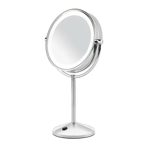 Oglinda cosmetica BaByliss 9436E, Led, Lupa, Marire 10x, 19 cm, 2 fete, rotire 360°, Baterii AA (Argintiu)
