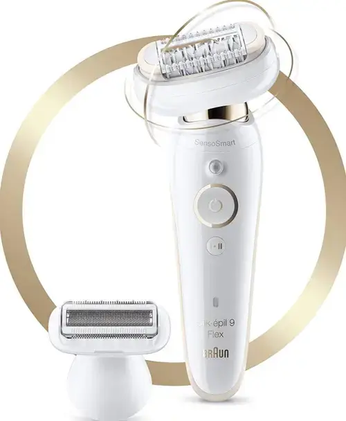 Epilator Braun Silk-epil Beauty set 9-002, 40 de pensete, Wet&Dry, SensoSmart™, MicroGrip, Cap flexibil (Alb/Auriu)