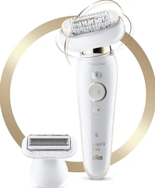 Epilator Braun Silk-epil Beauty set 9-002, 40 de pensete, Wet&Dry, SensoSmart™, MicroGrip, Cap flexibil (Alb/Auriu)