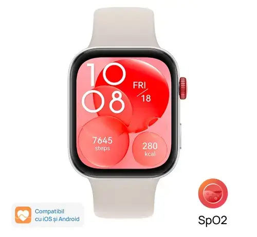 Smartwatch Huawei Watch Fit 3, Bluetooth, GPS, Ecran AMOLED 1.82inch, 100+ Moduri Sport, Monitorizare somn, ritm cardiac, Waterproof 5 ATM (Argintiu/Alb)