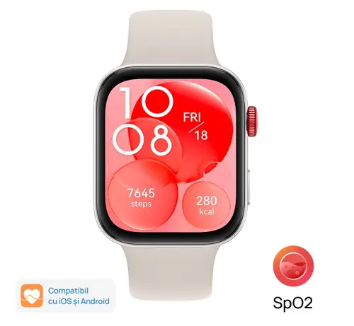Smartwatch Huawei Watch Fit 3, Bluetooth, GPS, Ecran AMOLED 1.82inch, 100+ Moduri Sport, Monitorizare somn, ritm cardiac, Waterproof 5 ATM (Argintiu/Alb)