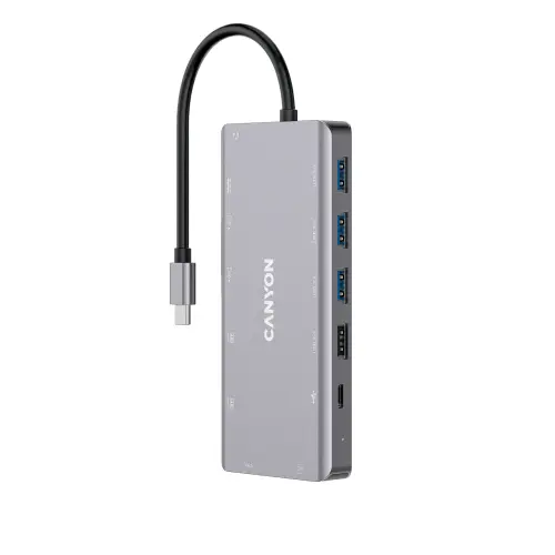 Docking Station Canyon CNS-TDS12 13 in 1, 2*HDMI, 3*USB3.0, 1*USB2.0, 1*PD 100W, 1*VGA, 1* USB Type C, 1*Glgabit Ethernet, 1*Jack 3.5mm audio (Gri)