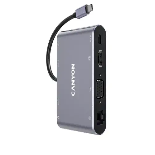 Docking Station CANYON  CNS-TDS14 8 in 1 USB C,  1*HDMI, 1*VGA, 1* USB Type-C PD 100W PD, 3* USB3.0, 1*Gigabit Ethernet, 1*Jack 3.5mm (Gri)