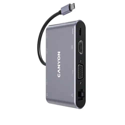 Docking Station CANYON  CNS-TDS14 8 in 1 USB C,  1*HDMI, 1*VGA, 1* USB Type-C PD 100W PD, 3* USB3.0, 1*Gigabit Ethernet, 1*Jack 3.5mm (Gri)