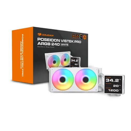 Cooler CPU AIO COUGAR Poseidon Vistek Pro ARGB 240, Racire cu lichid, Ecran 3.95inch, Ventilator Unity 240 ARGB, 2500 RPM (Alb)