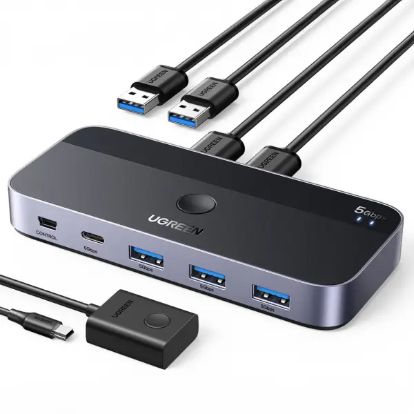 Switch USB UGREEN CM662, 3 x USB-A 3.0 - 1 x USB-C - 1 x miniUSB, Negru