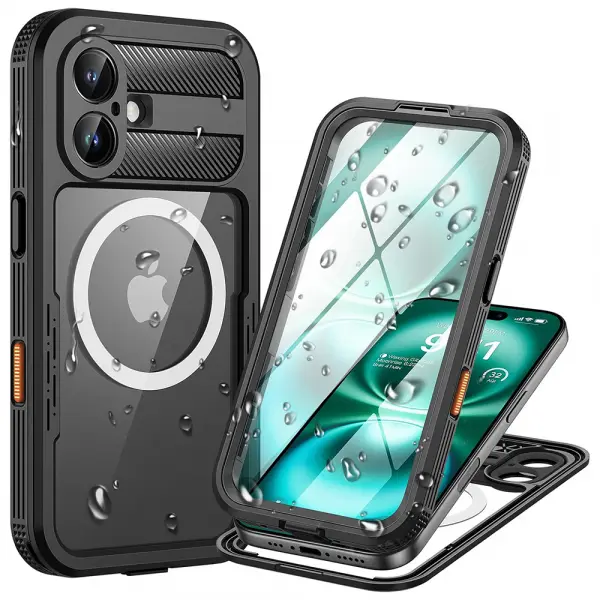 Husa Waterproof pentru Apple iPhone 16, ShellBox, Carbon, Neagra