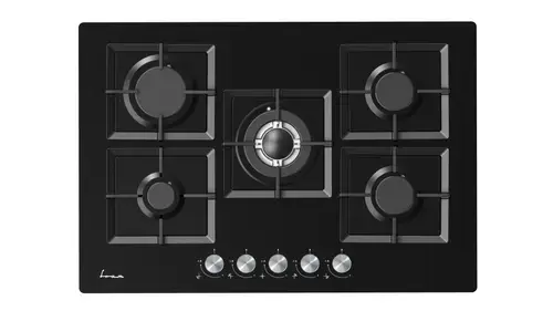 Plita incorporabila FRAM FBH-M705IWF-GBK, Gaz, 5 arzatoare, Wok, Aprindere electrica, Gratar fonta, Sticla (Negru)