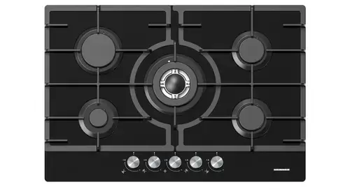 Plita incorporabila Heinner HBH-M705IWFGBK, Gaz, 5 arzatoare, Wok, Aprindere electrica, Sticla (Negru)