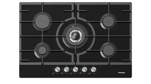Plita incorporabila Heinner HBH-M705IWFGBK, Gaz, 5 arzatoare, Wok, Aprindere electrica, Sticla (Negru)