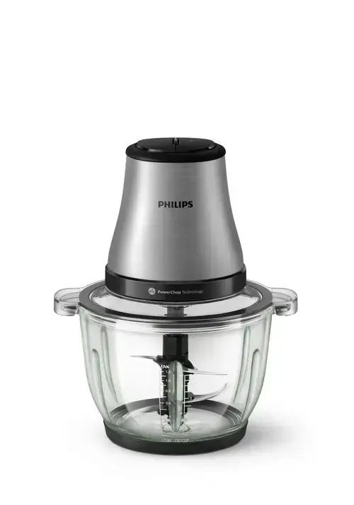 Tocator Philips HR1503/00, seria 3000, 500 W, tehnologie PowerChop, 4 lame, capacitate bol 2l, 2 viteze, material exterior metal, material bol sticla (Argintiu)