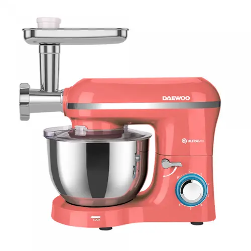 Mixer cu bol Daewoo DHM200MGS, Putere 2000 W, Capacitate 5.5 l, Accesoriu masina de tocat, Capacitate 1.2 Kg/min, Tel, Carlig framantare, Palete amestecare (Rosu)