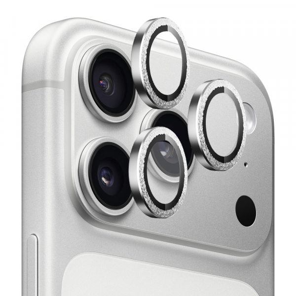 Folie de protectie Camera Spate Blueo Glitter Diamond Metal Frame pentru Apple iPhone 17 Pro Max / 17 Pro, Sticla Securizata, Argintie