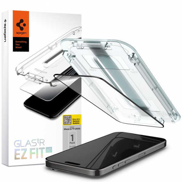 Folie de protectie Ecran Spigen GlastR EZ FIT HD pentru Apple iPhone 15 Pro Max, Sticla Securizata, Full Glue, Neagra AGL06879