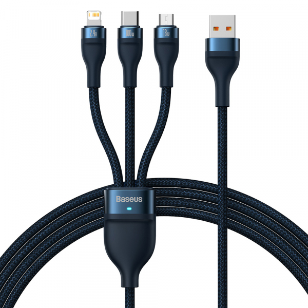 Cablu Incarcare USB-A - Lightning / microUSB / USB-C Baseus Flash Series II 3in1, 66W, 1.2m, Albastru CASS040003