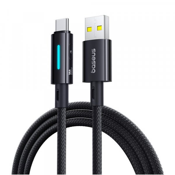 Cablu Date si Incarcare USB-A - USB-C Baseus Lit Button Control, 100W, 2m, Negru P10379002121-01